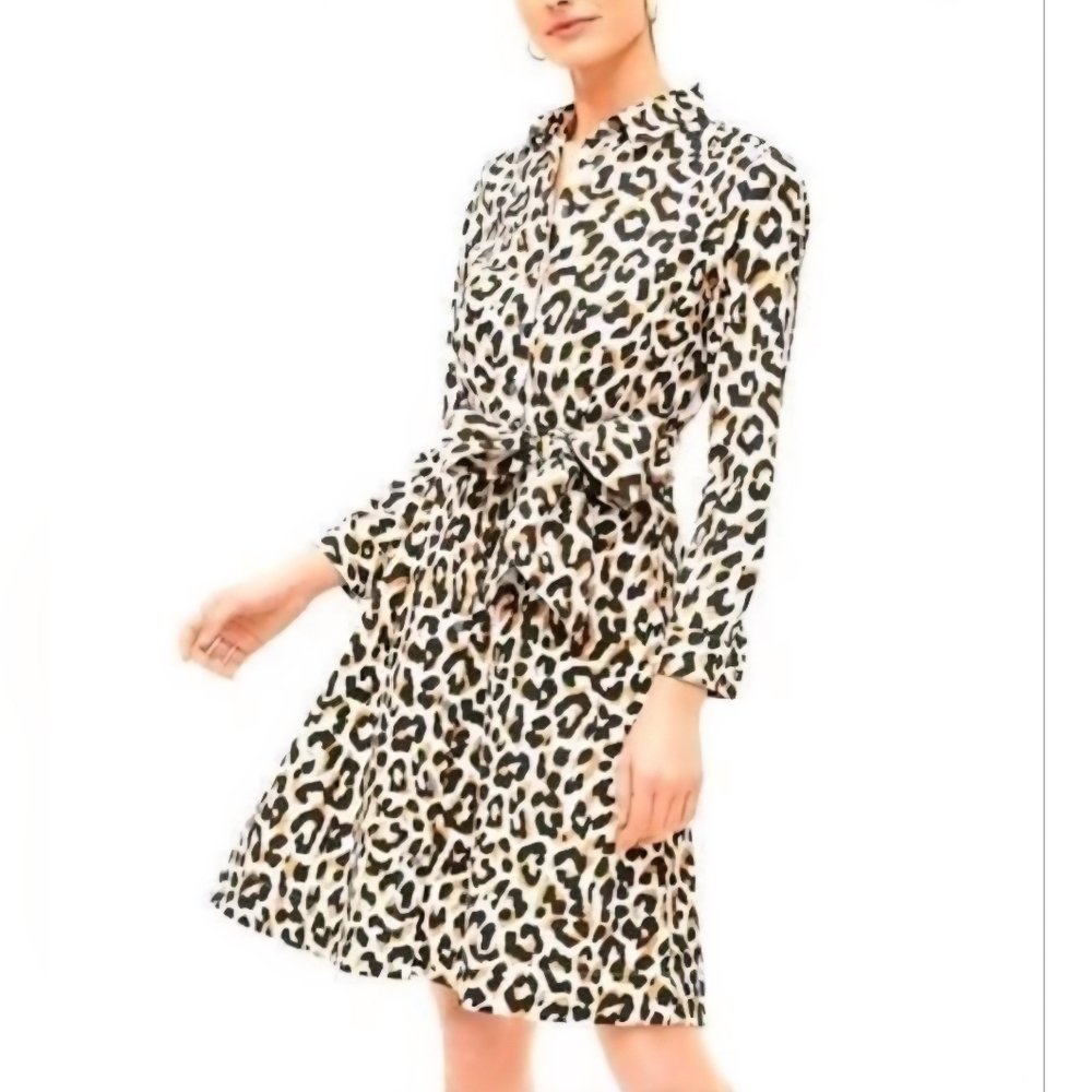 Leopard tie-waist shirtdress in cotton poplin